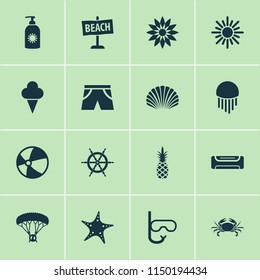 Sun icons set with sunscreen, crab, shorts and other goggles elements. Isolated vector illustration sun icons.