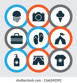 Sun icons set with sunscreen, suitcase, flip flop and other video elements. Isolated vector illustration sun icons.