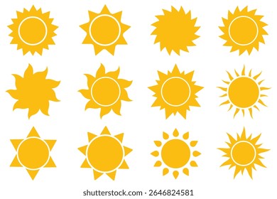 sun icons set, sunshine and solar glow, sunrise or sunset. Decorative circle full suns and sunlight collection. sun star icons collection. Summer, sunlight, nature, sky.