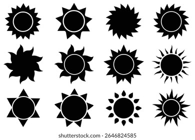 conjunto de ícones do sol, luz solar e brilho solar, nascer ou pôr do sol. Coleção de sóis decorativos e luz do sol. coleção de ícones da estrela do sol. Verão, luz do sol, natureza, céu.