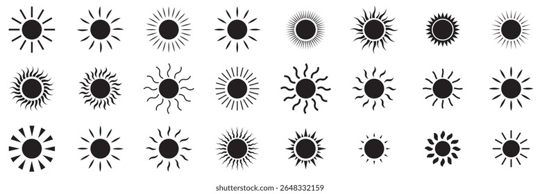  conjunto de ícones do sol, luz solar e brilho solar, nascer ou pôr do sol. Círculo decorativo cheio e meio sol e luz solar.