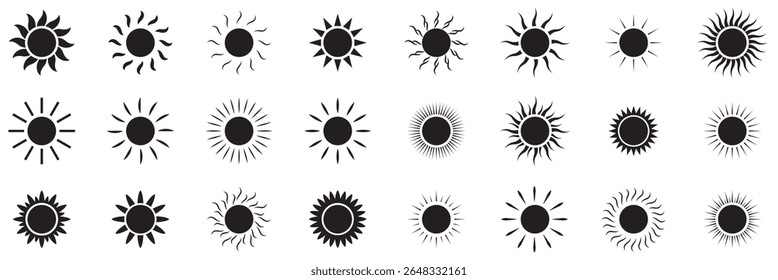  conjunto de ícones do sol, luz solar e brilho solar, nascer ou pôr do sol. Círculo decorativo cheio e meio sol e luz solar.