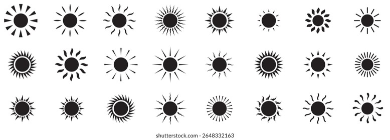  conjunto de ícones do sol, luz solar e brilho solar, nascer ou pôr do sol. Círculo decorativo cheio e meio sol e luz solar.