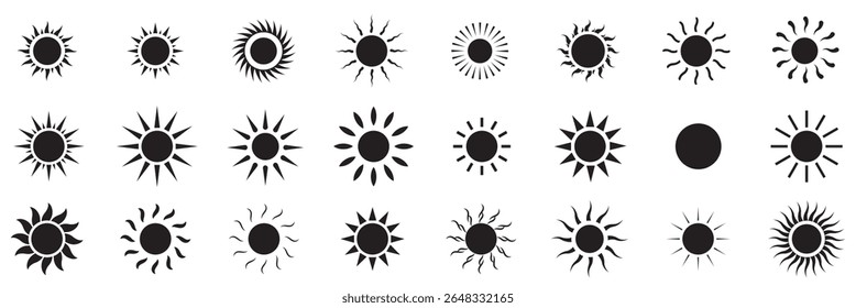  conjunto de ícones do sol, luz solar e brilho solar, nascer ou pôr do sol. Círculo decorativo cheio e meio sol e luz solar.