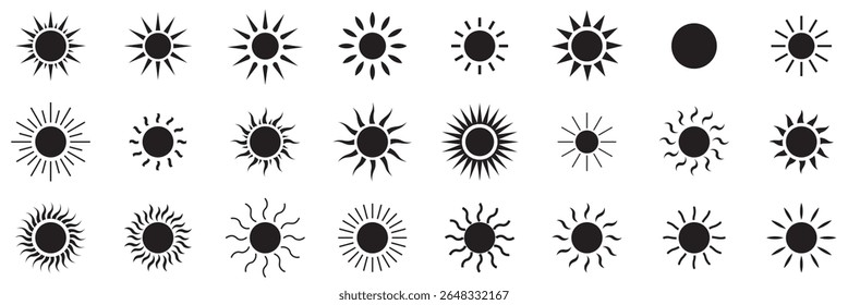  conjunto de ícones do sol, luz solar e brilho solar, nascer ou pôr do sol. Círculo decorativo cheio e meio sol e luz solar.