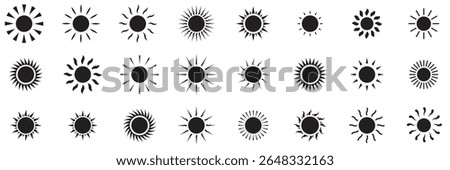  sun icons set, sunshine and solar glow, sunrise or sunset. Decorative circle full and half sun and sunlight.