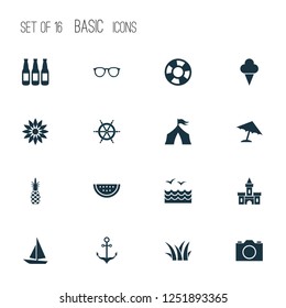 Sun icons set with tent, pineapple, sunglasses and other wheel elements. Isolated vector illustration sun icons.