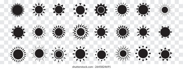 Sun icons set. Sun vector icon set in yellow and black color isolated on a white background. Variety sun design. Vector illustration. 