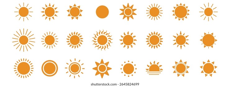 Ícones da Sun definidos. Ícone de vetor solar definido em cor amarela e preta isolada em um plano de fundo branco. Design de sol de variedade. Ilustração vetorial. 