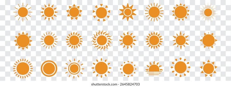 Sun-Symbole eingestellt. Sonnenvektorsymbol in gelber und schwarzer Farbe, einzeln auf weißem Hintergrund. Variety Sonnendesign. Vektorgrafik. 