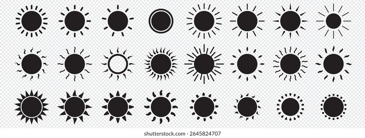 Sun icons set. Sun vector icon set in yellow and black color isolated on a white background. Variety sun design. Vector illustration. 