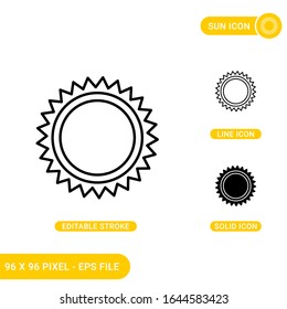 Sun icons set vector illustration with solid icon line style. Bright sun concept. Editable stroke icon on isolated background for web design, infographic and UI mobile app.