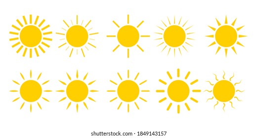 Sun icons set. Vector illustration on white background. Yellow symbols on flat style.