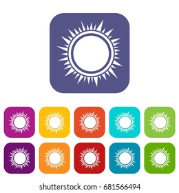 Sun icons set vector illustration in flat style in colors red, blue, green, and other