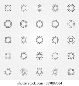 Sun icons set - vector thin line sunshine and sun burst symbols or logo elements