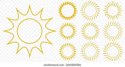 Sun icons set. Sun weather symbol collection. Sunshine, sunlight, sunburst icon set. Sun day sign. eps 10