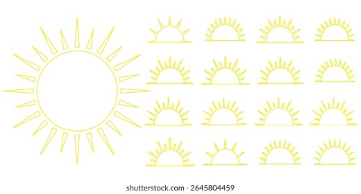 Ícones da Sun definidos. Coleção de símbolos de clima solar. Luz do sol, luz do sol, conjunto de ícones de explosão do sol. Sinal de dia do sol. eps 10