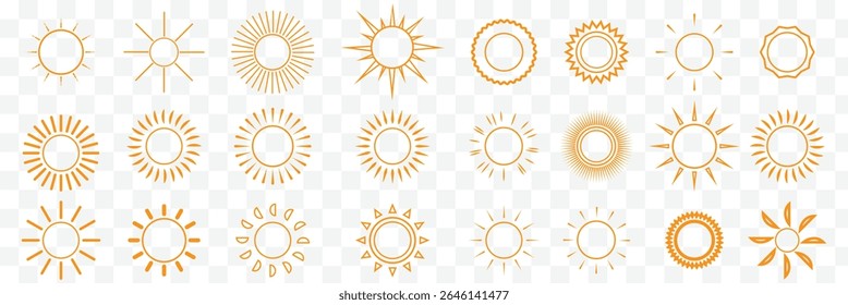 Sun icons set. Sun weather symbol collection. Sunshine, sunlight, sunburst icon set. Vector icons EPS 10