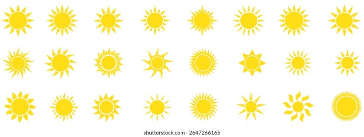 Ícones da Sun definidos. Coleção de símbolos de clima solar. Luz do sol, luz do sol, conjunto de ícones de explosão do sol. Ícones vetoriais. fundo branco. Design - EPS 10