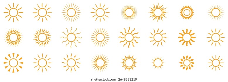 Ícones da Sun definidos. Coleção de símbolos de clima solar. Luz do sol, luz do sol, conjunto de ícones de explosão do sol. Energia solar. Ilustração vetorial . 