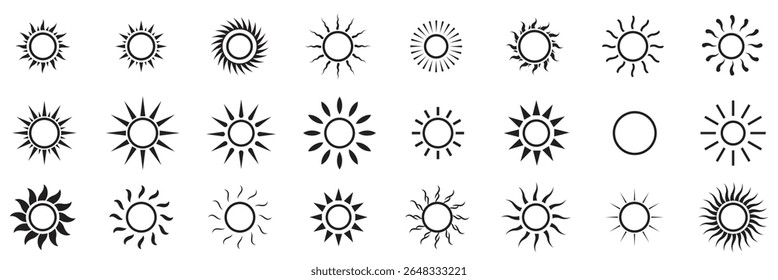 Ícones da Sun definidos. Coleção de símbolos de clima solar. Luz do sol, luz do sol, conjunto de ícones de explosão do sol. Energia solar. Ilustração vetorial . 