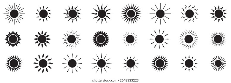 Ícones da Sun definidos. Coleção de símbolos de clima solar. Luz do sol, luz do sol, conjunto de ícones de explosão do sol. Energia solar. Ilustração vetorial . 