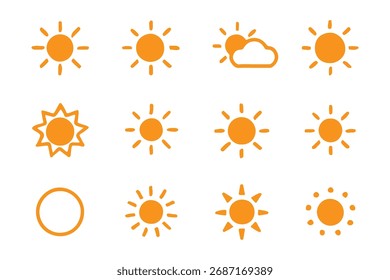 Sun icons set. Sun weather symbol collection. Sunshine, sunlight, sunburst icon set. Vector icons