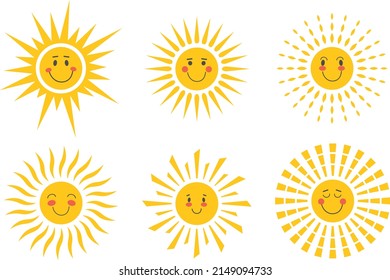 Sun, sun icons set in yellow color isolated on white background. Sun icon in flat design. Vector illustration for cartoon design. Vector.