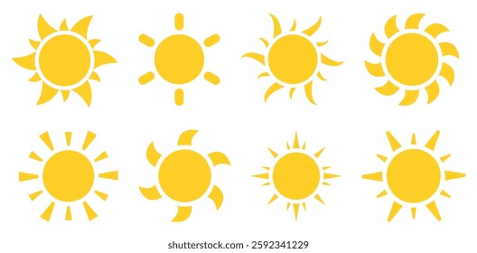 Sun icons set. Yellow sun stars  collection for use in as logo or weather icon. Summer, sunlight, nature, sky. Vector illustration isolated on white background.