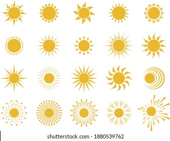 Sun icons.  Set of yellow symbols. Spring, summer or tropical background design element. Isolated. Vector