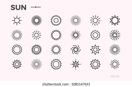 Sun icons. Star, rays and other elements. Not editable line.