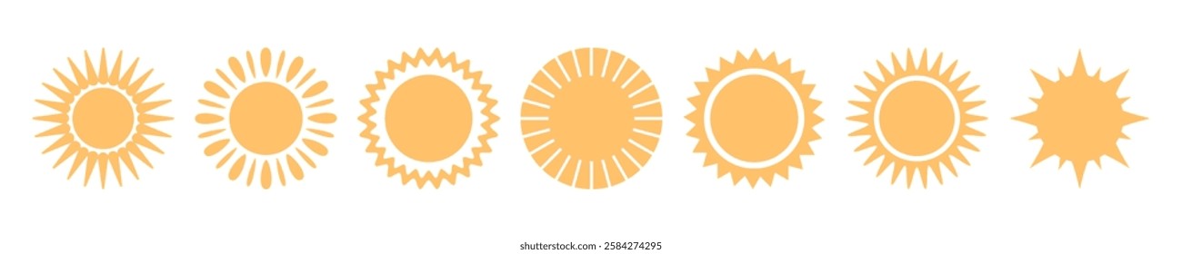 Sun icons with straight and wavy beams. Vector sunshine, hot summer and sunrise symbols, gold sunlight circles, isolated solar and sunny weather signs set. Shining rays of different shape