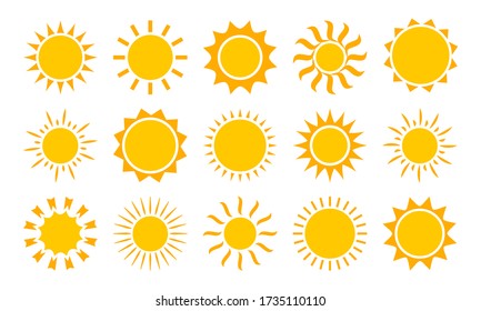 Sun icons, summer set. Yellow and orange colors, different shapes. Vector collection