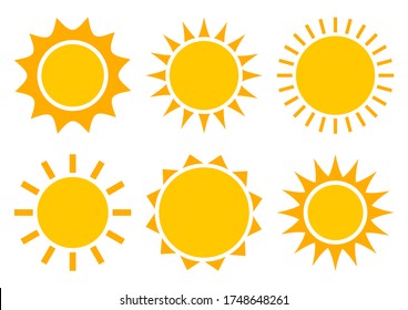 Sun icons, summer set. Yellow and orange colors, different shapes. Vector illustration