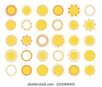 Sun icons, sunny badges design. Labels and stickers, suns decorative elements. Vector sunburst various shapes. Summer spring hot weather symbols