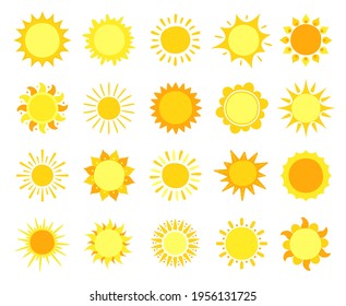 Sun icons. Sunshine, hot summer and sunrise symbols, gold sunlight circles, solar and sunny weather signs vector set. Shining sun rays and beams of different shape for sunrise or sunset