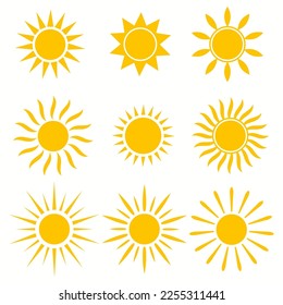 Sun icons. Sunshine, hot summer and sunrise symbols, gold sunlight circles, solar and sunny weather signs vector set