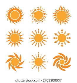 Ícones do Sol com vários desenhos de raios, simbolizando calor, energia e luz em uma coleção de recursos gráficos.