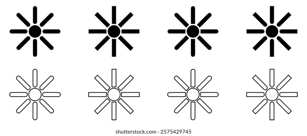 Sun icons. Sun vector icon set in black color isolated set. Set of 8 suns icon collection in black color. Solar summer icon isolated on white background. Flat design. Vector eps10.