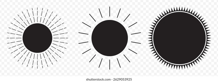 Sun icons. Sun vector icon set in black color isolated set. Set of 10 suns icon collection in black color. Solar summer icon isolated on white background. Flat design. Vector illustration 