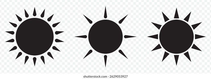 Sun icons. Sun vector icon set in black color isolated set. Set of 10 suns icon collection in black color. Solar summer icon isolated on white background. Flat design. Vector illustration 