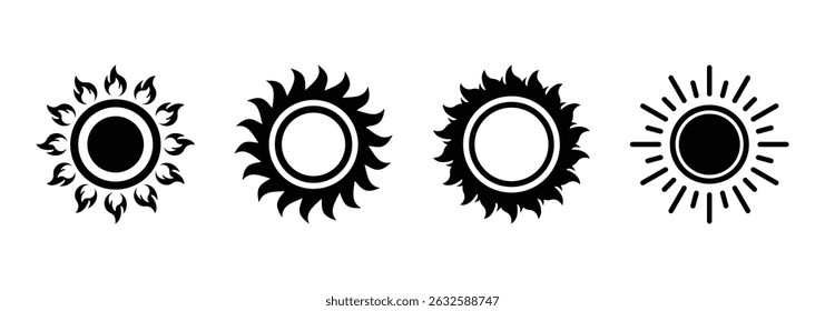 Sun icons. Sun vector icon set in black. Solar summer icon isolated on white background. Flat design. Vector illustration, eps 10