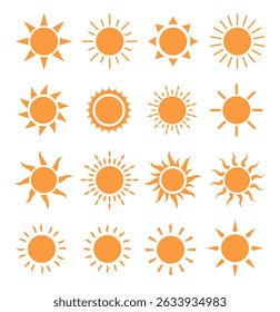 Sun icons. Sun vector icon set in black color isolated set. Set of 16 suns icon collection in black and yellow color. Solar summer icon isolated on white background. Flat design. Vector illustration. 