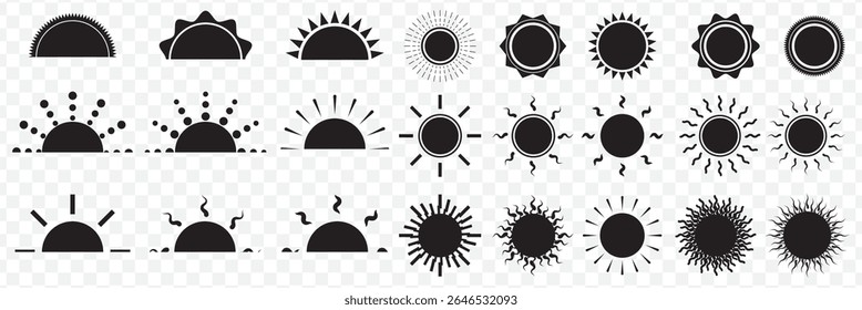 Sun icons. Sun vector icon set in black color isolated set. Set of 10 suns icon collection in black color. Solar summer icon isolated on Transparent background. Flat design. Vector illustration. EPS10