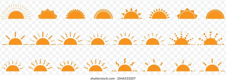Sun icons. Sun vector icon set in Orange color isolated set. Set of 24 suns icon collection in black color. Solar summer icon isolated on Transparent background. Flat design. Vector illustration.EPS10