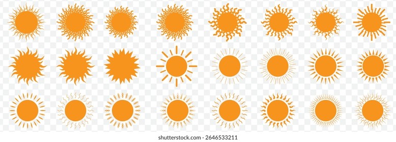 Sun icons. Sun vector icon set in Orange color isolated set. Set of 24 suns icon collection in black color. Solar summer icon isolated on Transparent background. Flat design. Vector illustration.EPS10