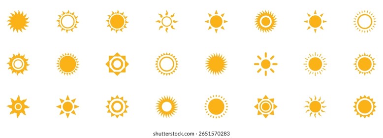 Ícones do Sun. Conjunto de ícones de vetor Sun. Ícone de verão. Símbolo de clima quente de verão. Ilustração de vetor de ícones de estrela do sol amarela.