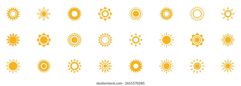 Sun icons. Sun vector icon set. Summer sunlight icon. Hot summer weather symbol. Yellow sun star icons vector illustration.