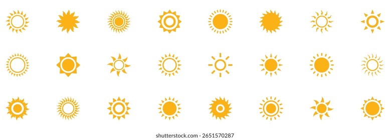 Sun icons. Sun vector icon set. Summer sunlight icon. Hot summer weather symbol. Yellow sun star icons vector illustration.