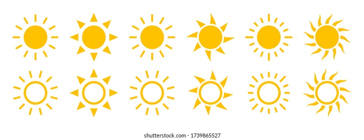 Sun icons vector isolated on white background. Shine sun ray set. Sunshine vector sign.  Sunset icon collection. Abstract art. 